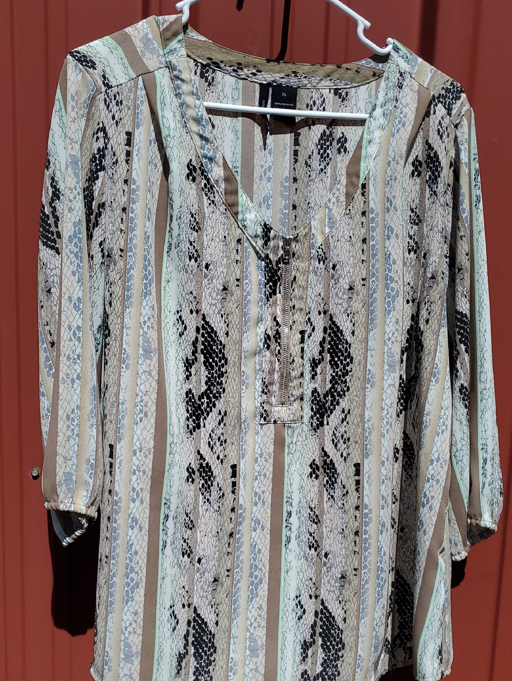 new directions Striped Snake-Print V-Neck Blouse in Beige, Mint, Black